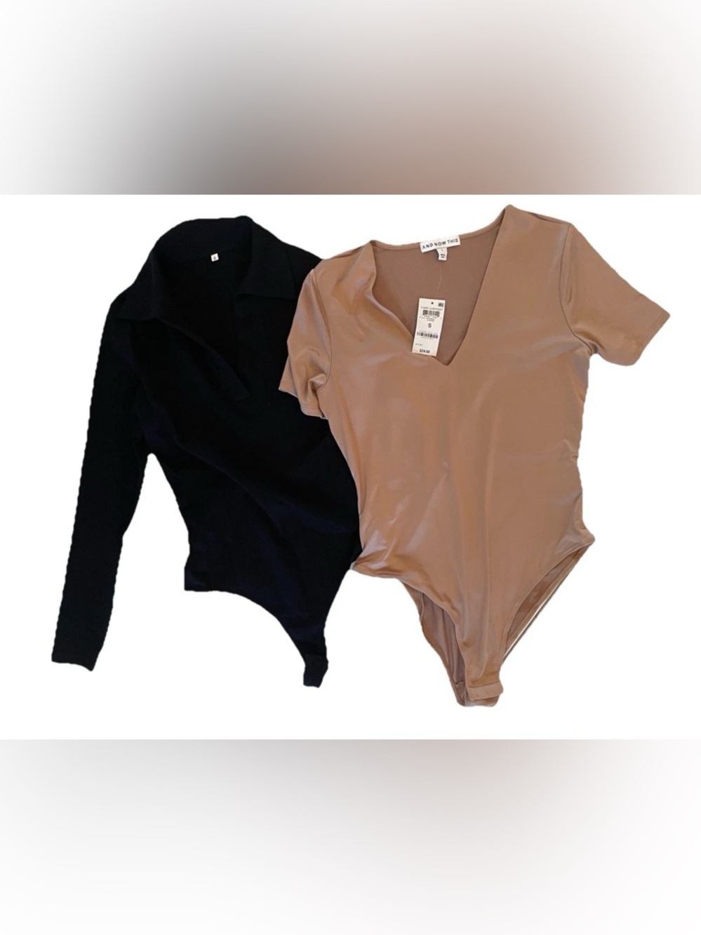 Lot of 2 Womens Bodysuits Small NWT Almond V-Neck & Black Long Sleeve Polo